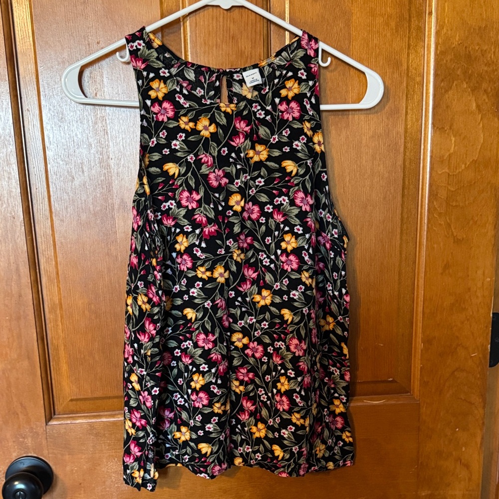 Old Navy Black Tank Top with Pink & Yellow Floral Print